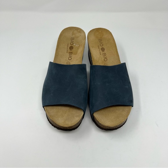 Bio Bio Platform Wedge Platform Sandals Blue Leather Cork Slip On Shoes Size 9.5 - Picture 3 of 11